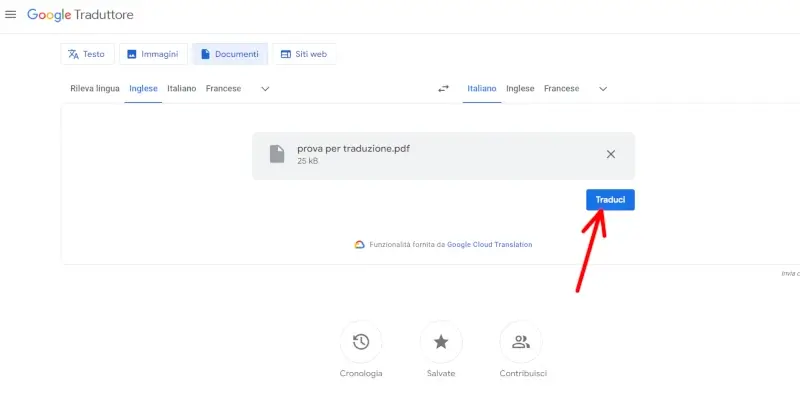 Carica il file di testo da tradurre e clicca su traduci dopo aver scelto le lingue