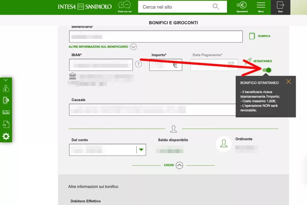 Passaggio 4 - puoi scegliere se fare un bonifico istantaneo con Intesa Sanpaolo