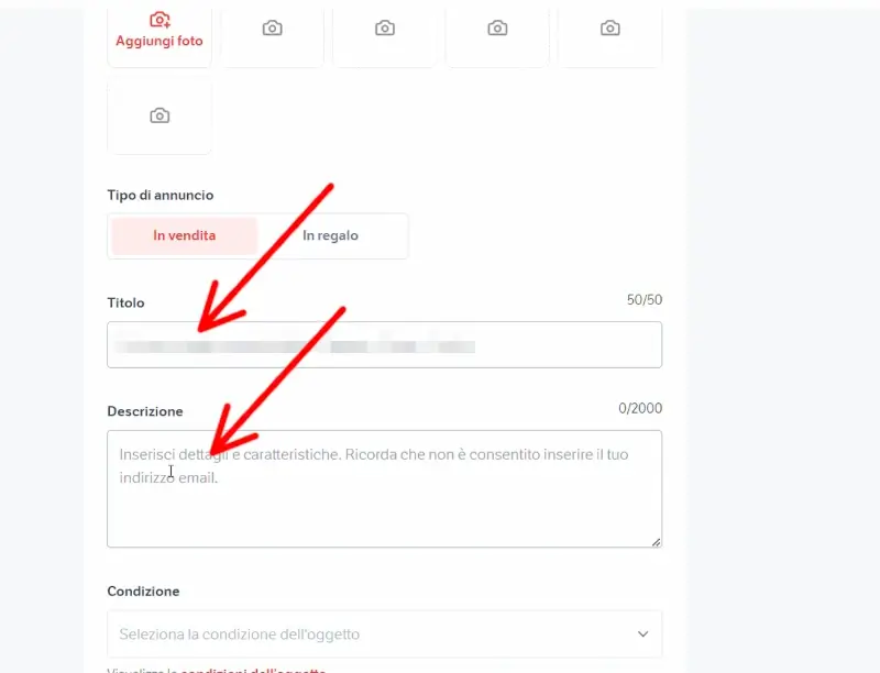 Inserisci il titolo e la descrizione del tuo annuncio su subito.it