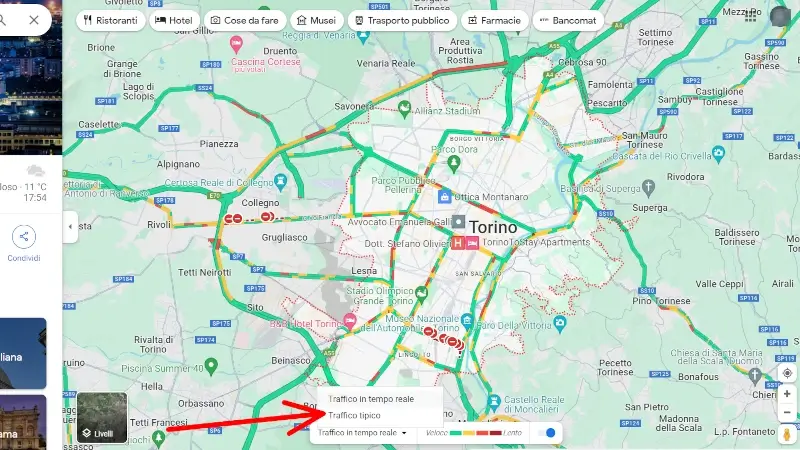 Puoi scegliere se mostrare il traffico in tempo reale o quello tipico