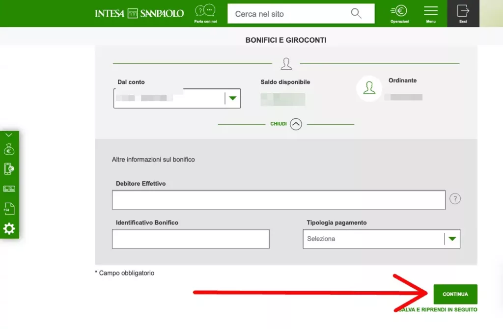 Passaggio 5 - scegliere da quale conto effettuare il bonifico