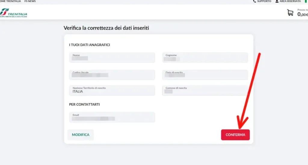 Conferma la tua iscrizione al sito di Trenitalia