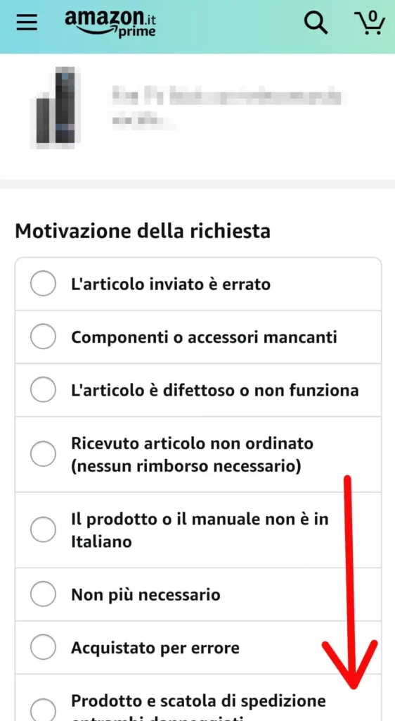 Indica il motivo per cui vuoi fare il reso ad amazon