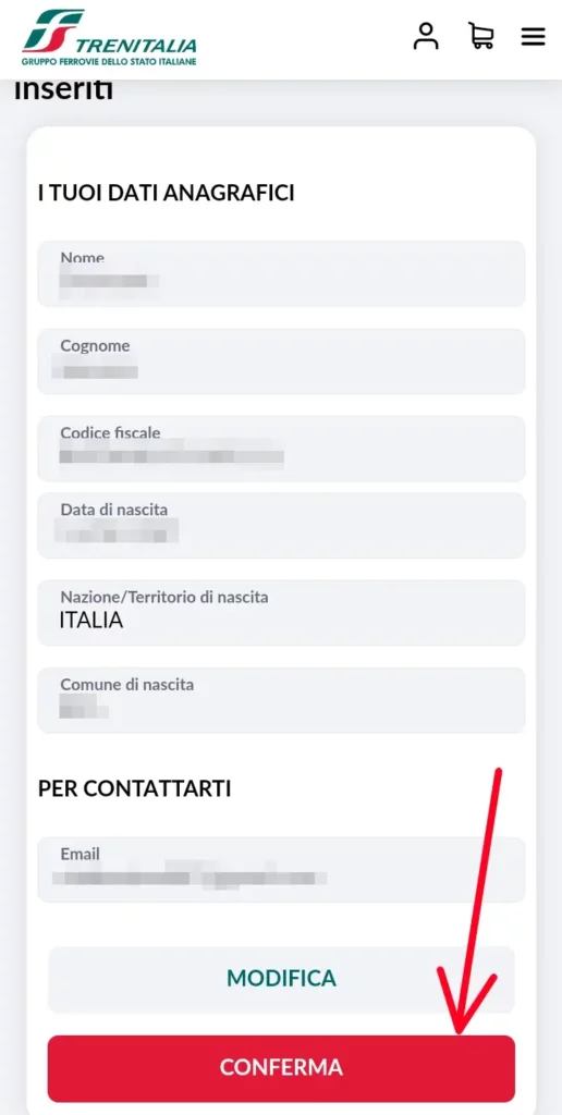 Conferma la richiesta di iscrizione al sito di Trenitalia