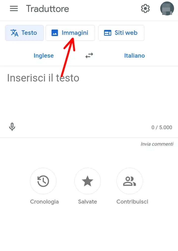 Dal telefono sul sito di google translate clicca su immagine per caricare il documento