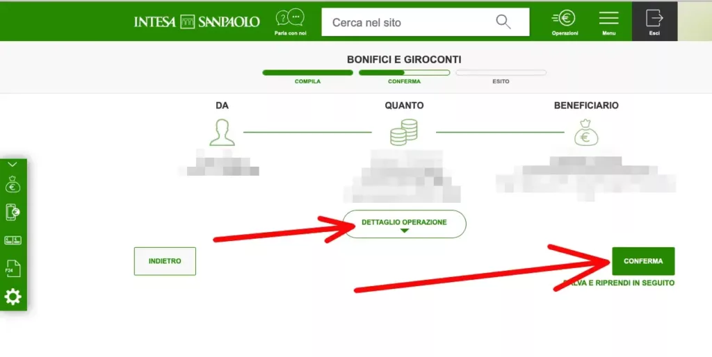 Passaggio 6 - Verifica i dati inseriti e clicca su conferma per fare il bonifico intesa sanpaolo