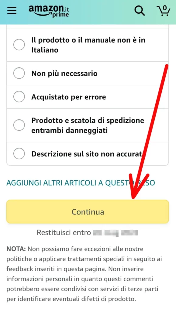 Continua per effettuare il reso ad Amazon