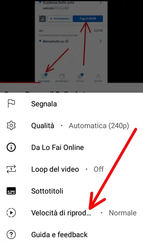 Dal menù su Youtube, clicca su Velocità di riproduzione