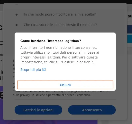 Quando clicchi acconsento ai cookie di interesse legittimo