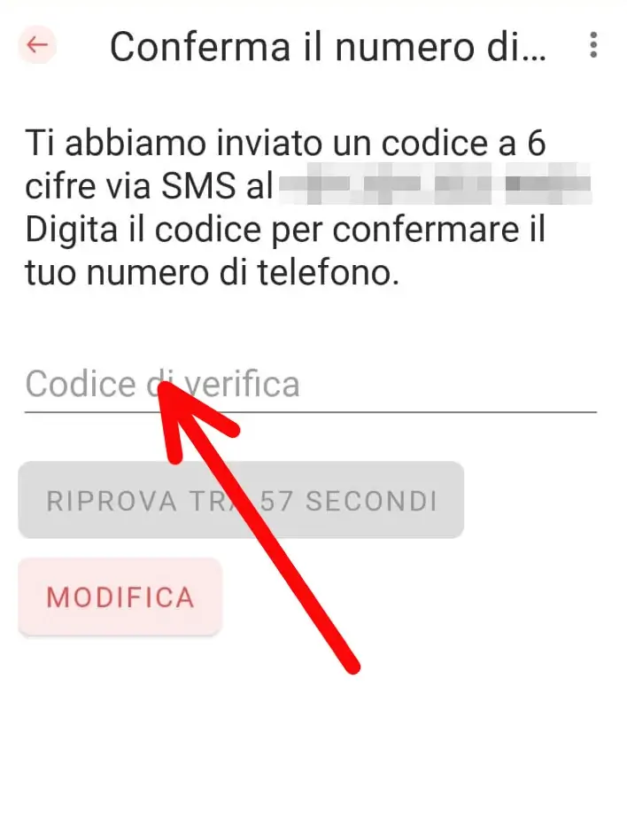 Inserisci il codice di verifica ricevuto da Satispay per continuare a iscriversi