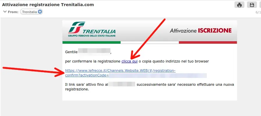 Clicca il link di conferma ricevuto da Trenitalia alla tua mail