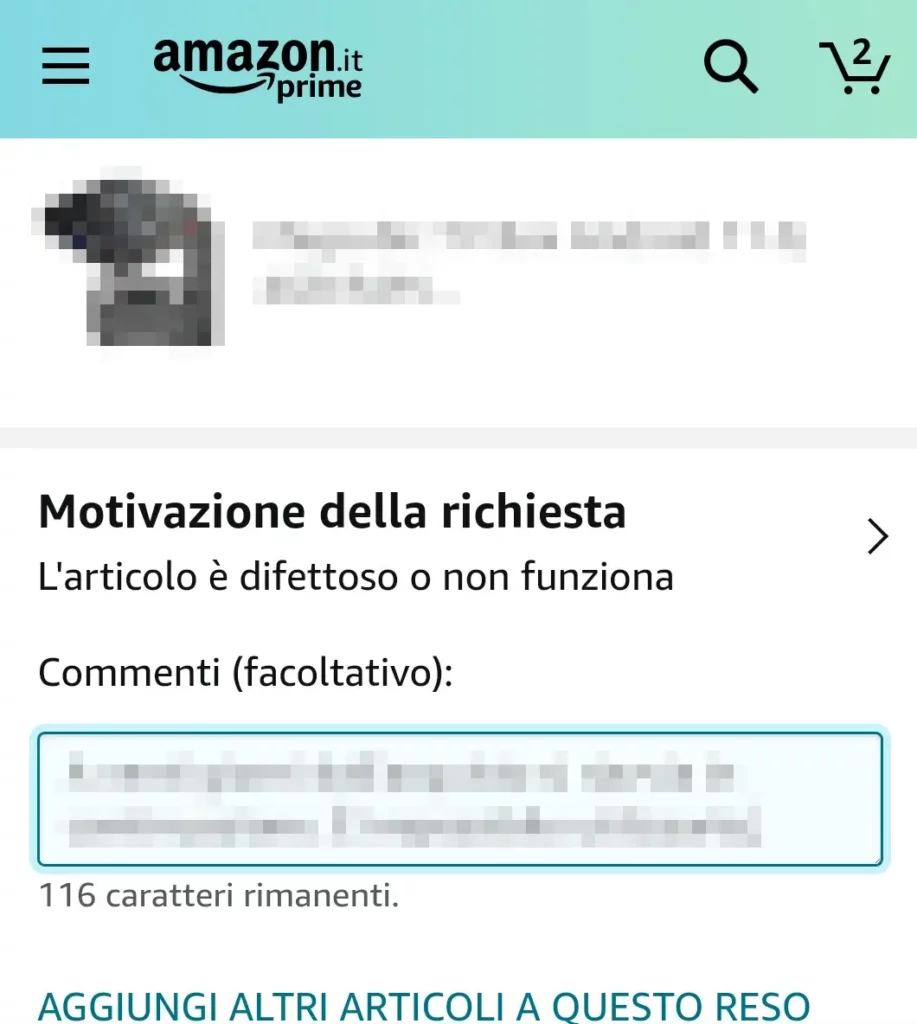 Inserisci un commento per il reso amazon