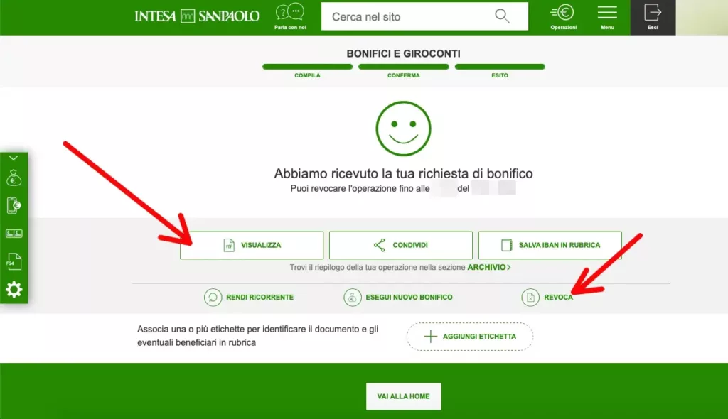 Puoi revocare il bonifico o visualizzare la tua ricevuta da intesa sanpaolo