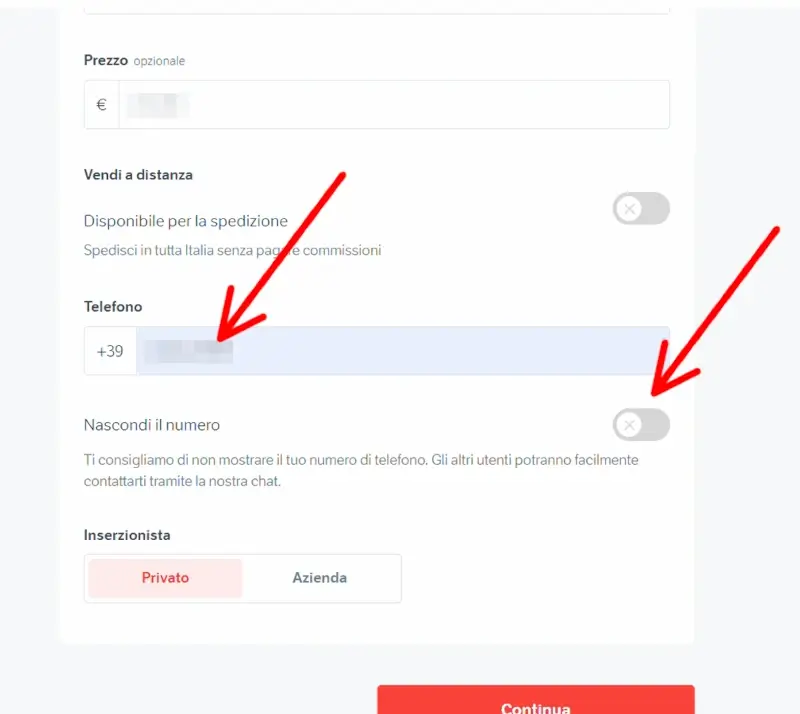 Inserisci il numero di telefono o nascondilo dall'annuncio su subito.it