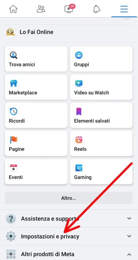 Clicca su impostazioni e privacy di facebook