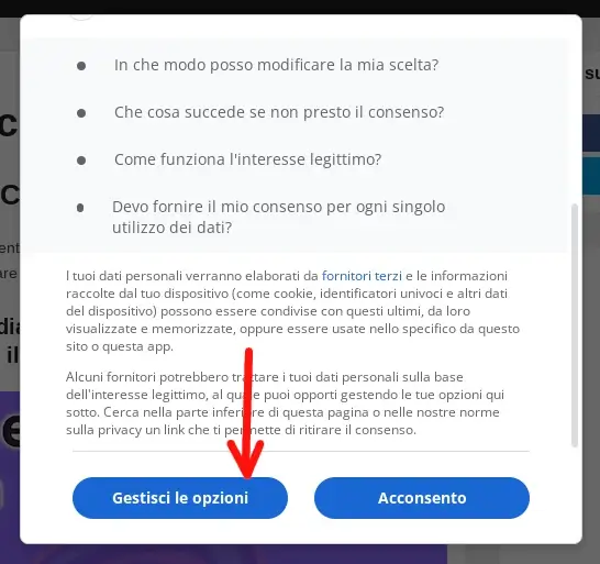 Gestire le opzioni prima di cliccare acconsento o meno