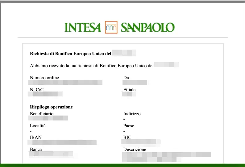 Esempio della ricevuta del bonifico online.