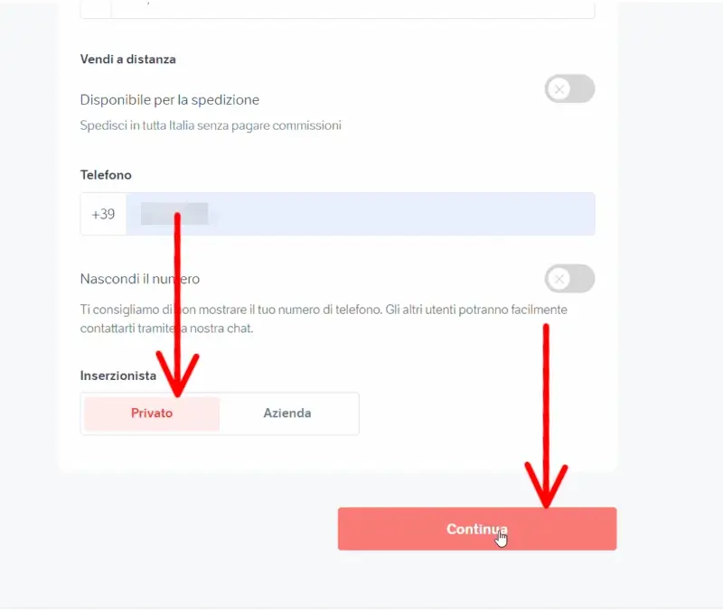 Indica se sei un privato o un azienda e clicca continua per inserire l'annuncio