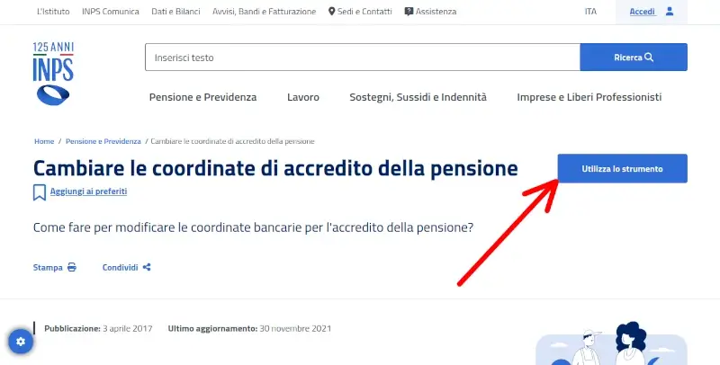 Vai alla pagina per cambiare le coordinate di accredito della pensione