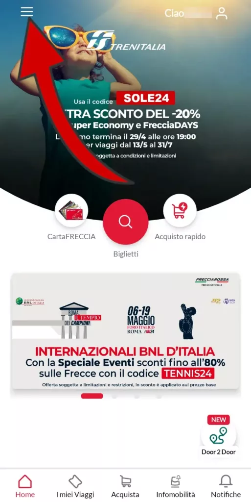 1 da App Trenitalia - apri l'app e clicca sulle tre linee in alto a sinistra