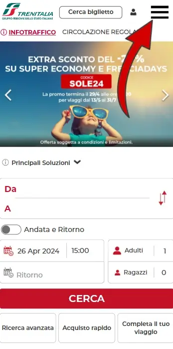 1 da Telefono - vai sul sito di trenitalia e clicca sulle tre linee in alto a destra