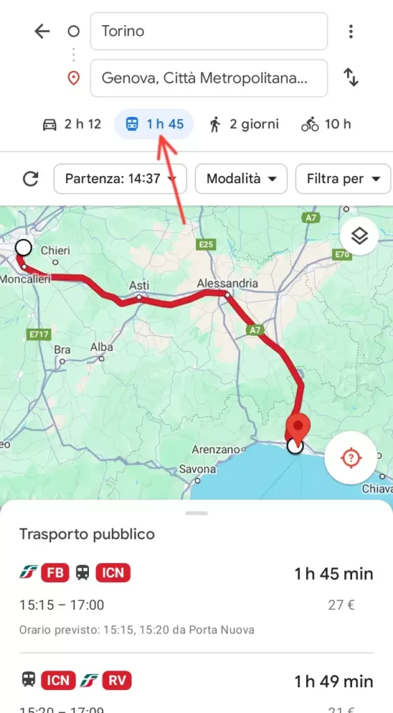 Puoi anche fare un itinerario di viaggio utilizzando i mezzi di trasporto pubblici