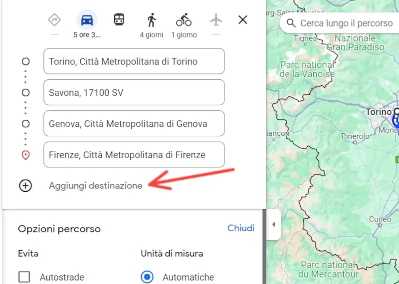 Dal computer puoi aggiungere tappe al viaggio cliccando su aggiungi destinazione.