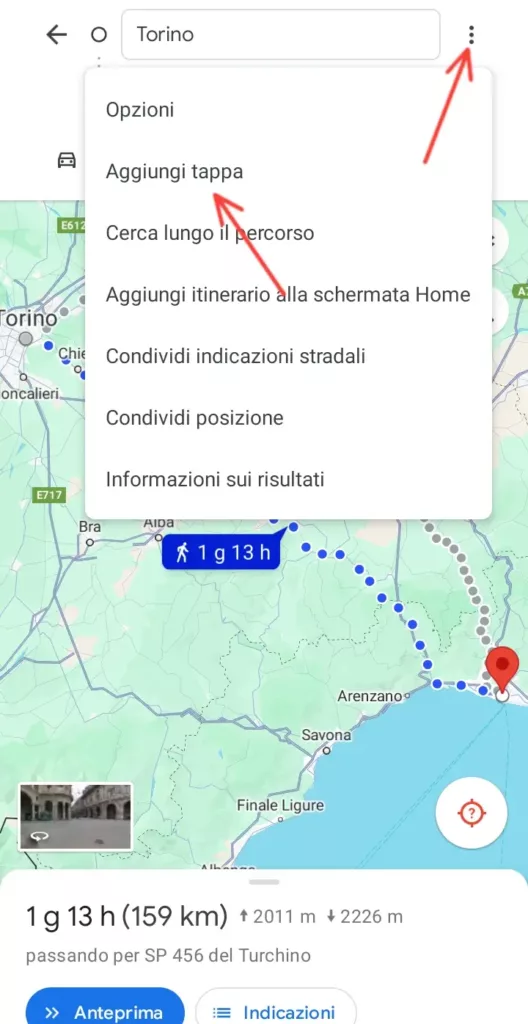 Dal telefono puoi cliccare sui tre puntini e poi cliccare su aggiungi tappa