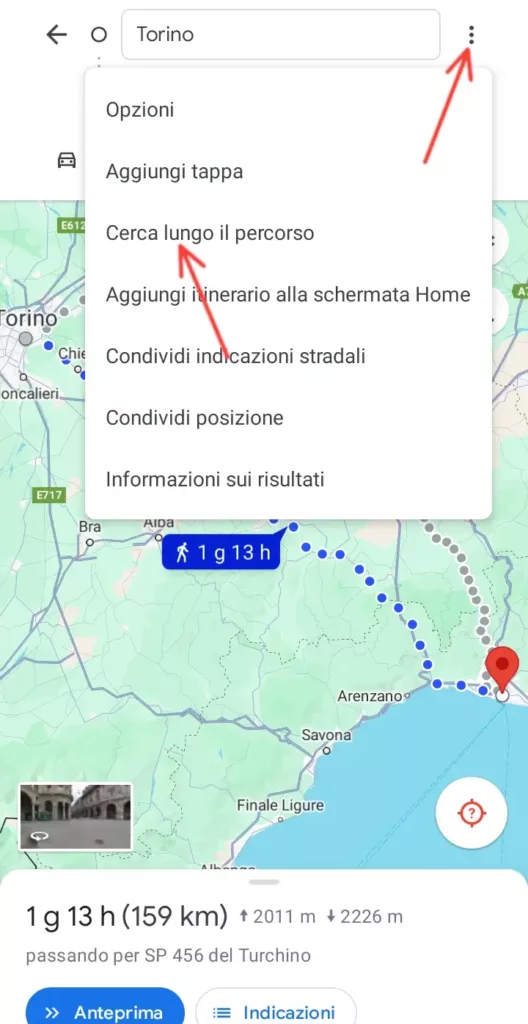 Per cercare qualcosa lungo il tragitto, clicca i tre puntini e poi cerca lungo il percorso