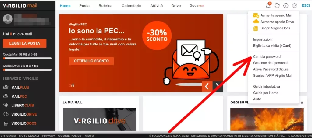 Apri il menù cliccando l'ingranaggio e clicca su cambia password