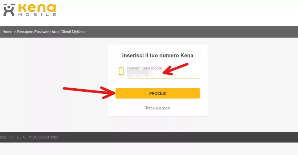 3 - inserisci il tuo numero Kena Mobile di cui vuoi recuperare la password