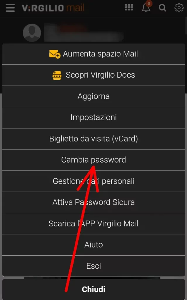 Dal menù che si apre dall'ingranaggio, clicca su cambia password - Virgilio mail