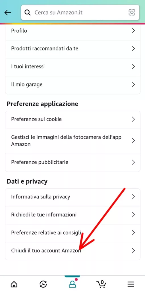 Vai su il tuo account e poi su chiudi il tuo account Amazon