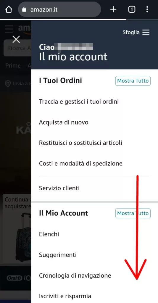 Scorri il menù per trovare la sezione per cancellarsi da Amazon