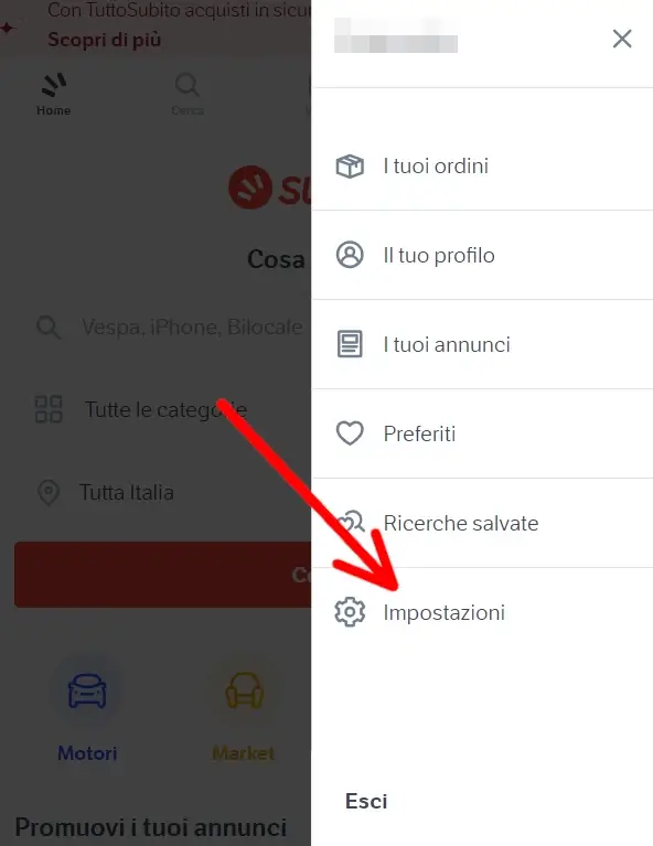 Dal menù che si apre clicca su impostazioni per cancellarsi