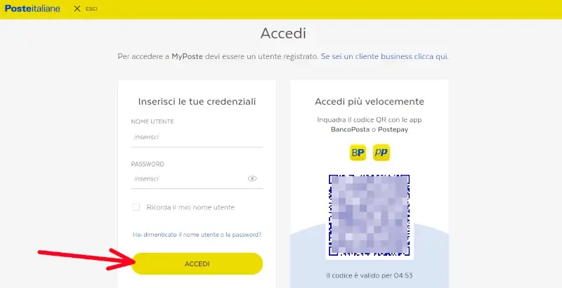 2 da Pc sul sito delle Poste - accedi con le tue credenziali Poste Italiane