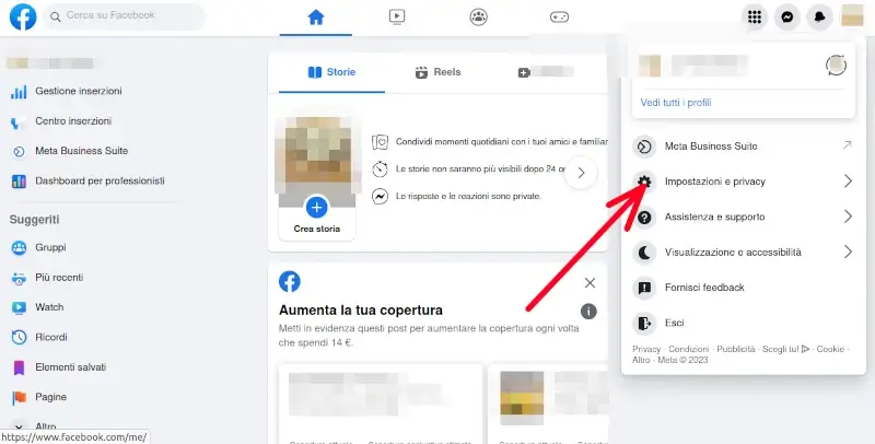 2 da PC - vai su impostazioni e privacy per gestire le notifiche di Facebook