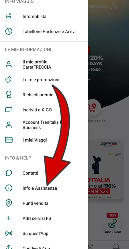 2 da App Trenitalia - Dal menù che si apre clicca su "Info e assistenza"
