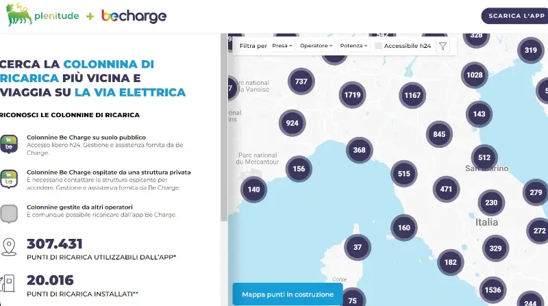 Puoi vedere le colonnine di ricarica più vicine tramite l'app BeCharge di Plenitude