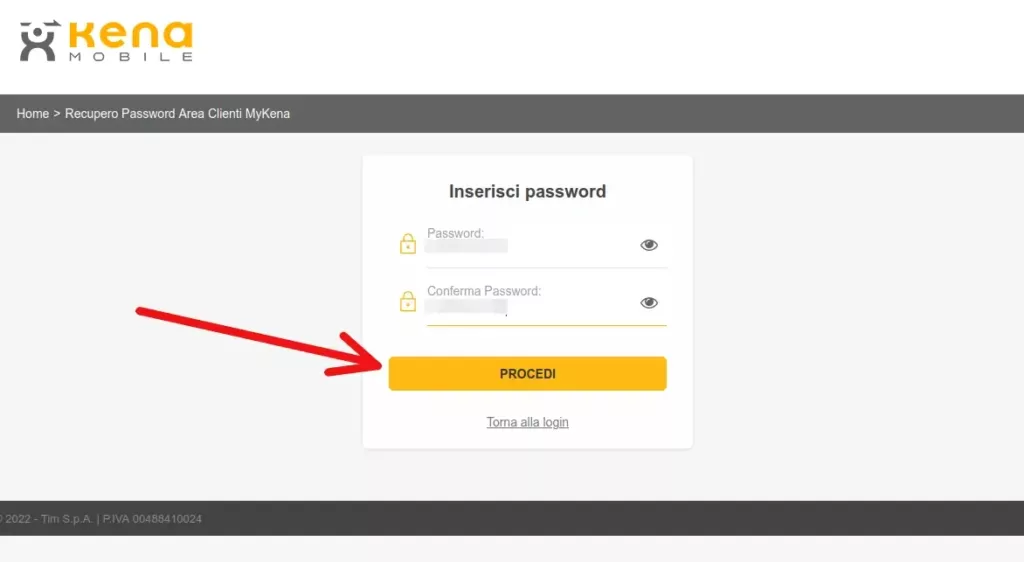 4 - inserisci per due volte una nuova password e clicca su procedi