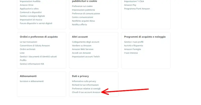 Clicca su chiudi il tuo account Amazon che trovi al fondo della pagina.