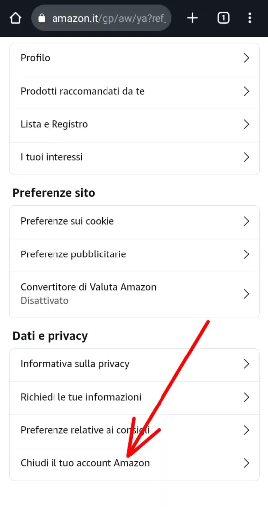 In dati e privacy, clicca su chiudi il tuo account Amazon
