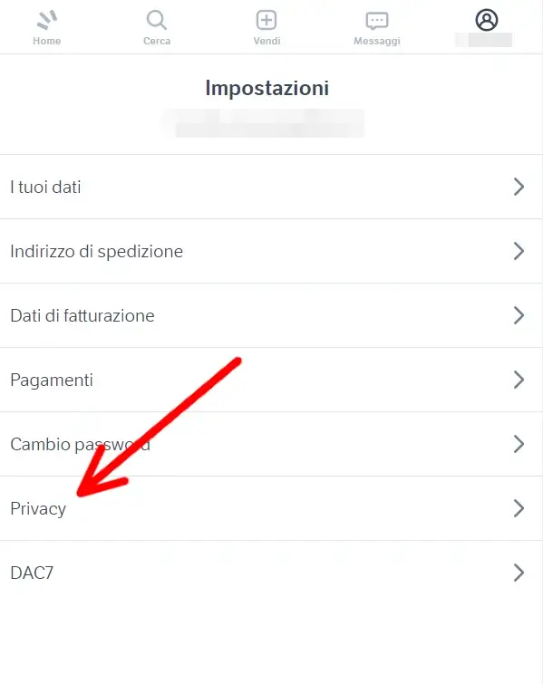 Nel nuovo menù, clicca su Privacy per procedere a cancellarsi da Subito.it