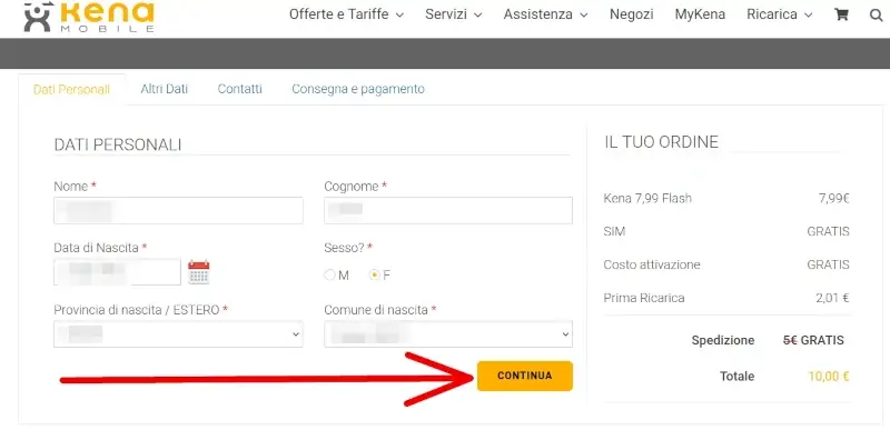 Inserisci i tuoi dati anagrafici per passare a Kena Mobile
