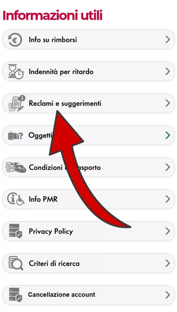 3 da App Trenitalia - clicca su reclami e suggerimenti