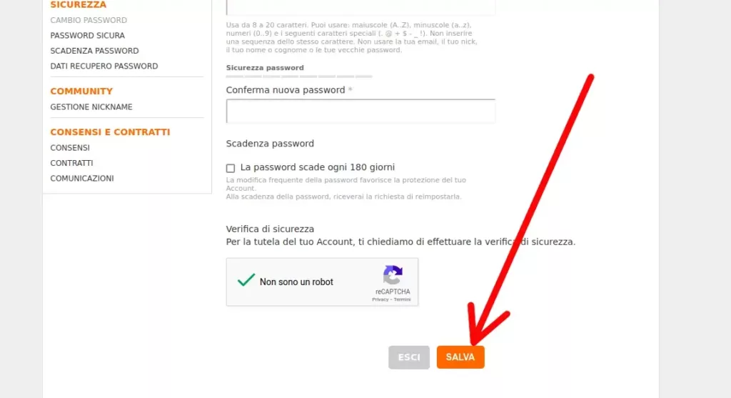 Clicca salva per salvare la nuova password per la tua mail Virgilio