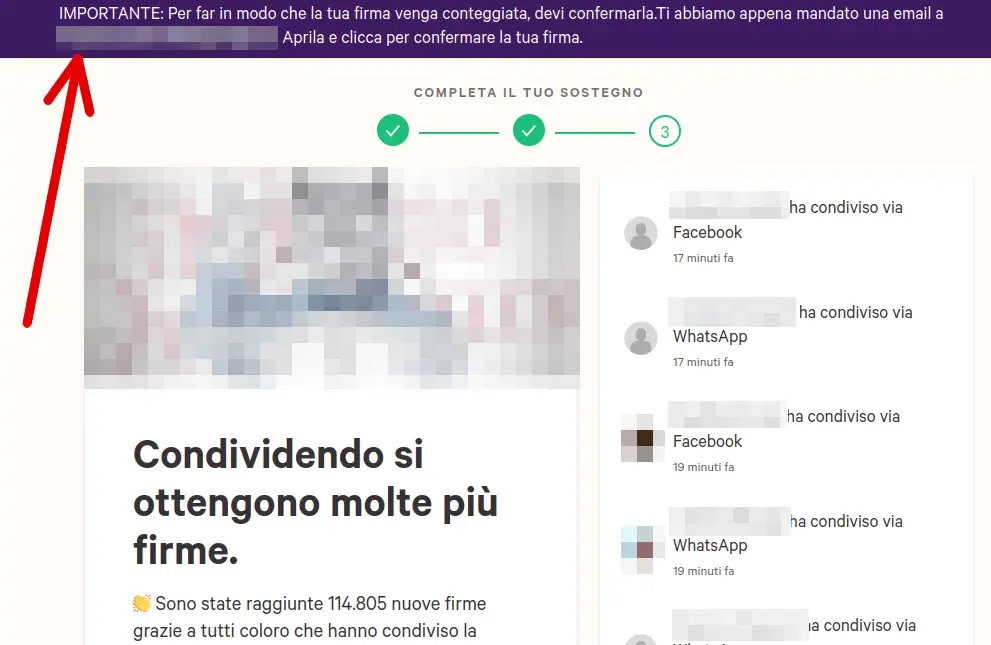 Change.org ti invita a condividere la petizione per fare raggiungere l'obiettivo