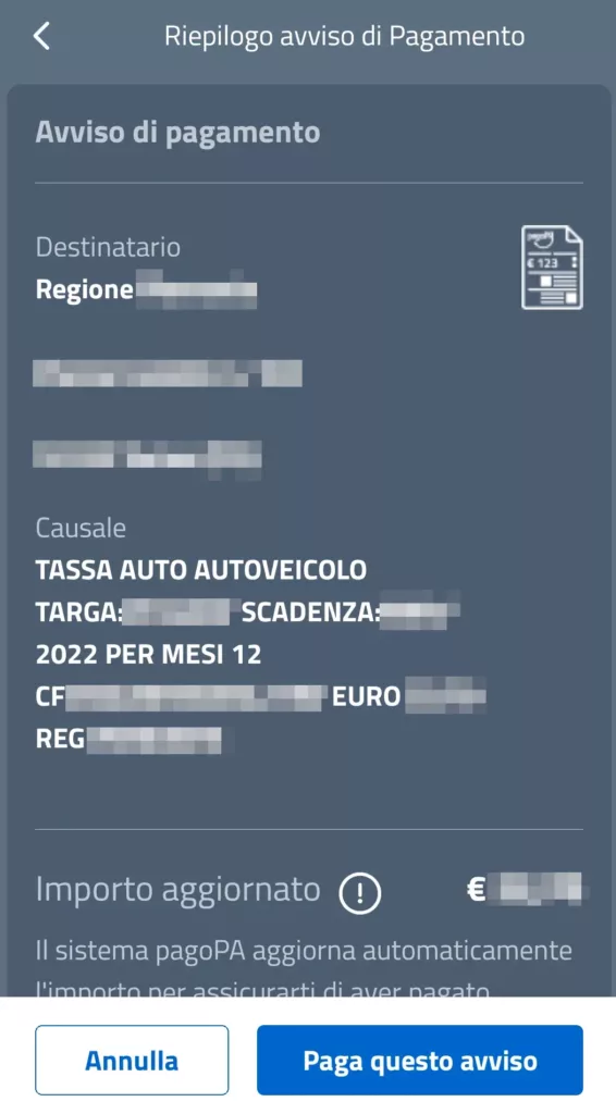 Visualizza l'avviso di pagamento con informazioni relative alla tassa da pagare