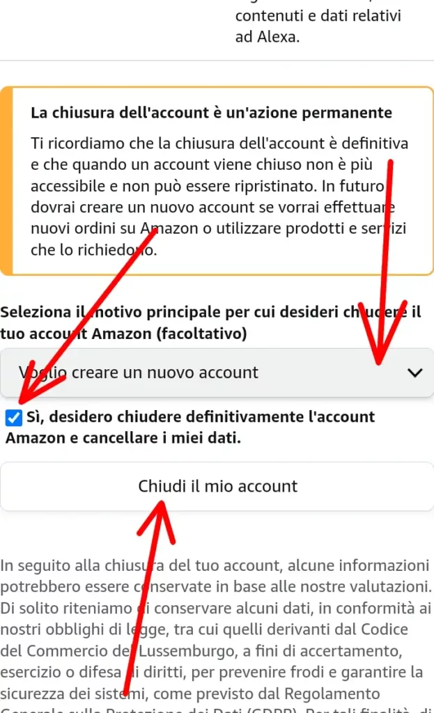 Seleziona si desidero chiudere definitivamente l'account Amazon e cancellare i miei dati