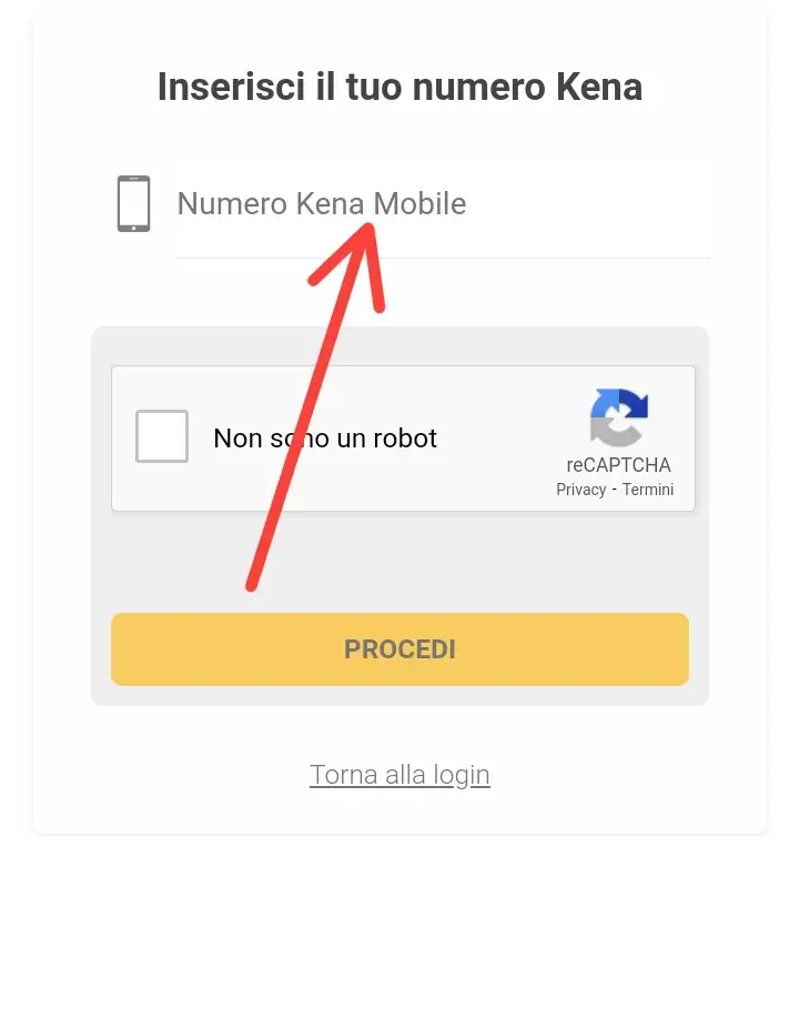 4 - inserisci il numero kena mobile per cui vuoi recuperare la password